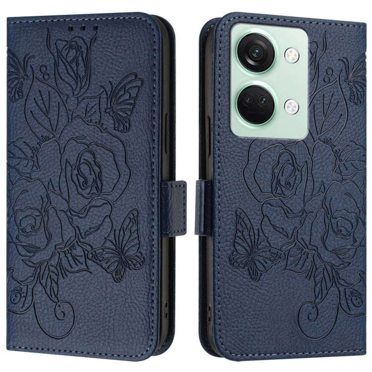 For OnePlus Ace 2V / Nord 3 Embossed Rose RFID Anti-theft Leather Phone Case(Dark Blue)