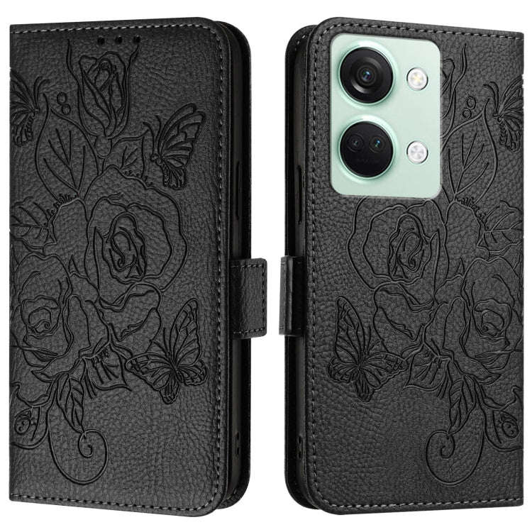 For OnePlus Ace 2V / Nord 3 Embossed Rose RFID Anti-theft Leather Phone Case(Black)