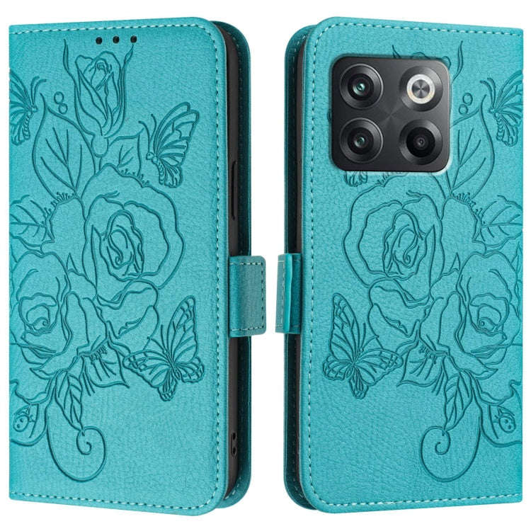 For OnePlus Ace Pro 5G / 10T 5G Embossed Rose RFID Anti-theft Leather Phone Case(Light Blue)
