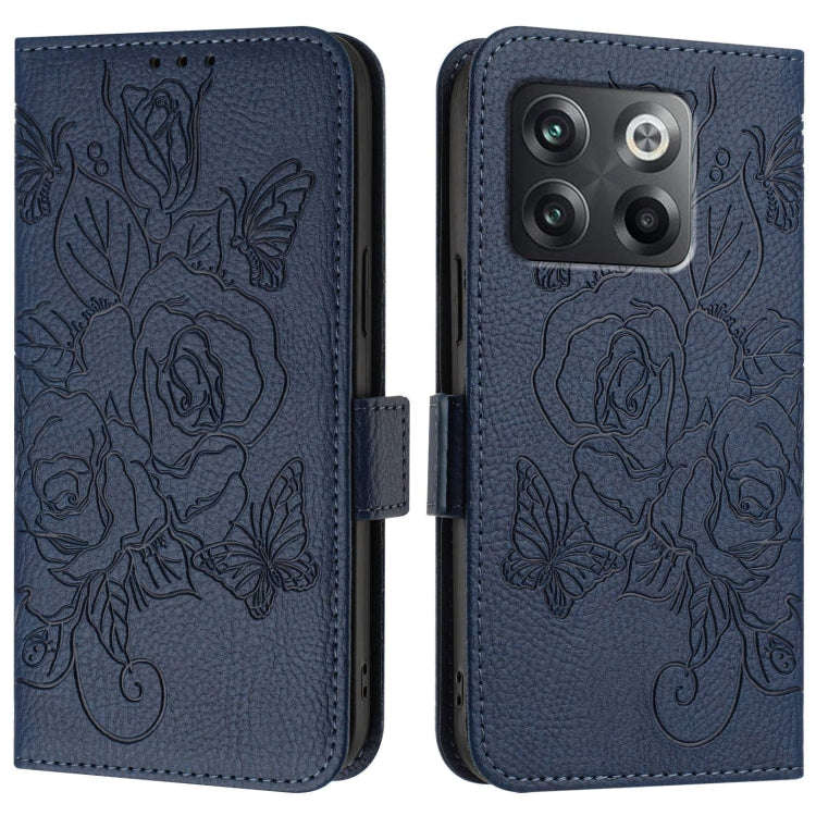 For OnePlus Ace Pro 5G / 10T 5G Embossed Rose RFID Anti-theft Leather Phone Case(Dark Blue)