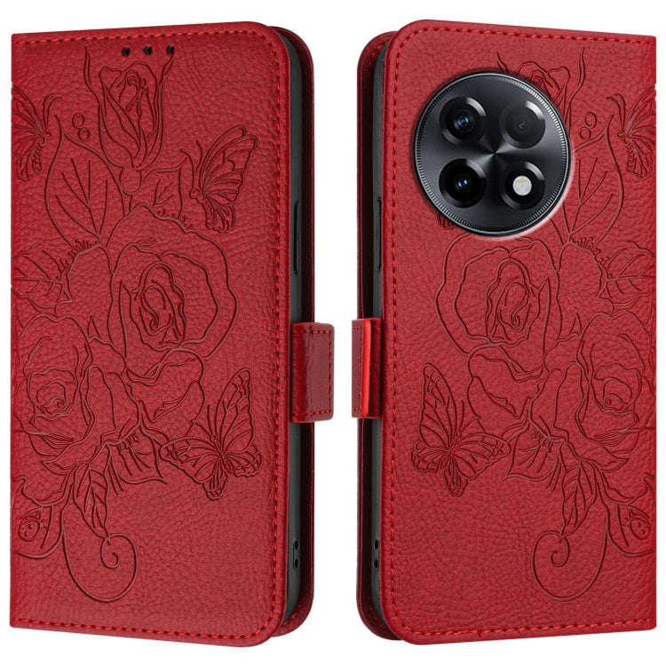 For OnePlus 11R 5G Embossed Rose RFID Anti-theft Leather Phone Case(Red)