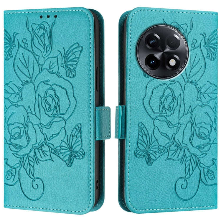 For OnePlus 11R 5G Embossed Rose RFID Anti-theft Leather Phone Case(Light Blue)