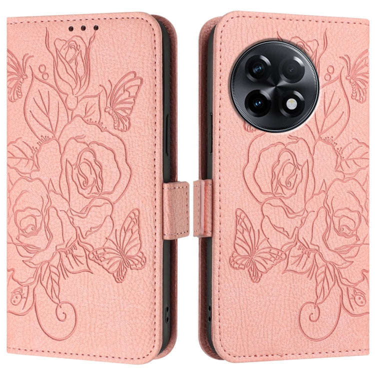 For OnePlus 11R 5G Embossed Rose RFID Anti-theft Leather Phone Case(Pink)