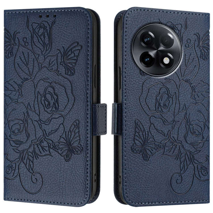 For OnePlus 11R 5G Embossed Rose RFID Anti-theft Leather Phone Case(Dark Blue)