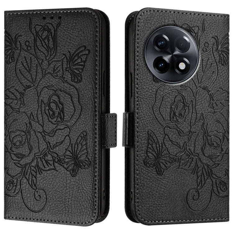 For OnePlus 11R 5G Embossed Rose RFID Anti-theft Leather Phone Case(Black)