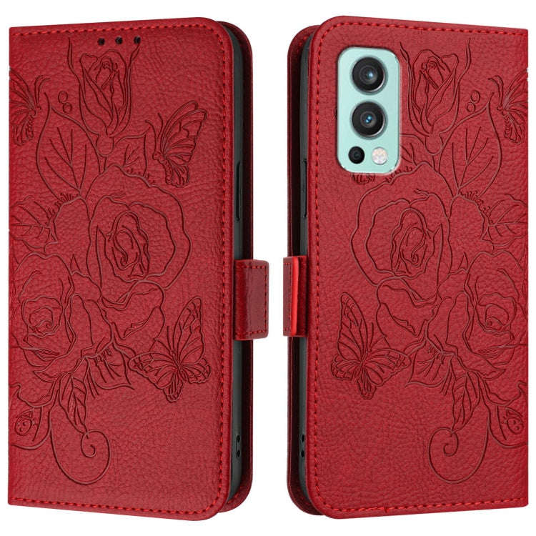 For OnePlus Nord 2 Embossed Rose RFID Anti-theft Leather Phone Case(Red)