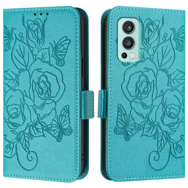 For OnePlus Nord 2 Embossed Rose RFID Anti-theft Leather Phone Case(Light Blue)