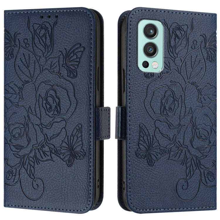 For OnePlus Nord 2 Embossed Rose RFID Anti-theft Leather Phone Case(Dark Blue)