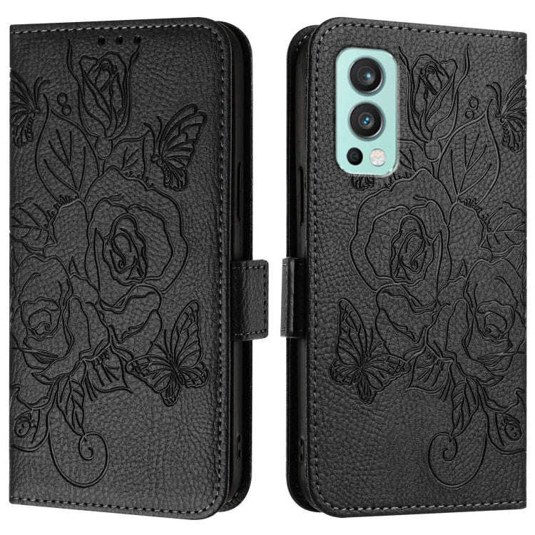 For OnePlus Nord 2 Embossed Rose RFID Anti-theft Leather Phone Case(Black)