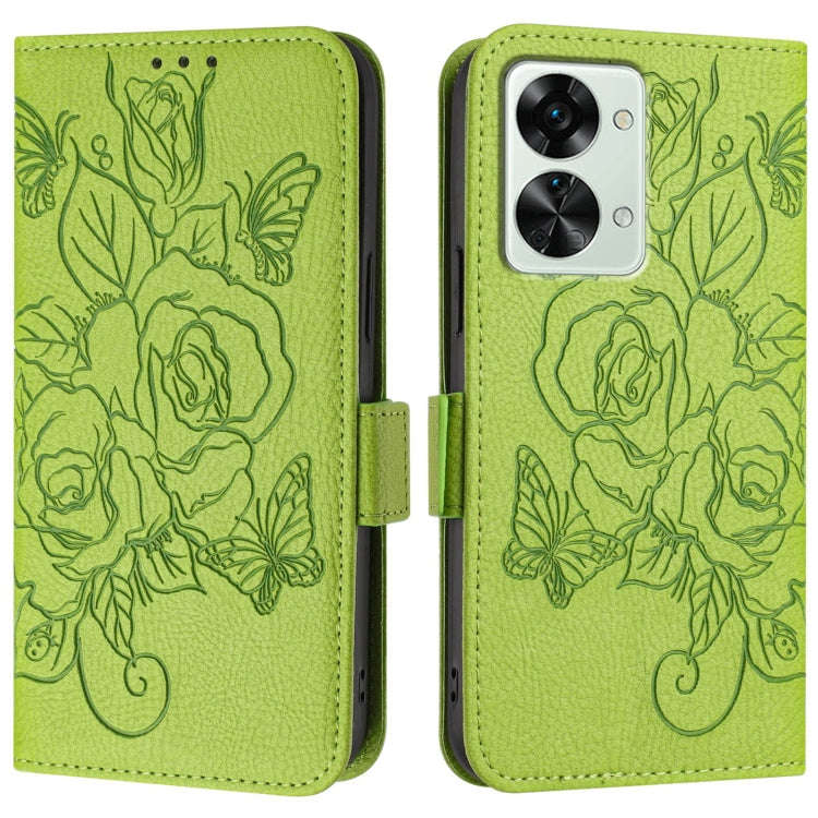 For OnePlus Nord 2T Embossed Rose RFID Anti-theft Leather Phone Case(Green)