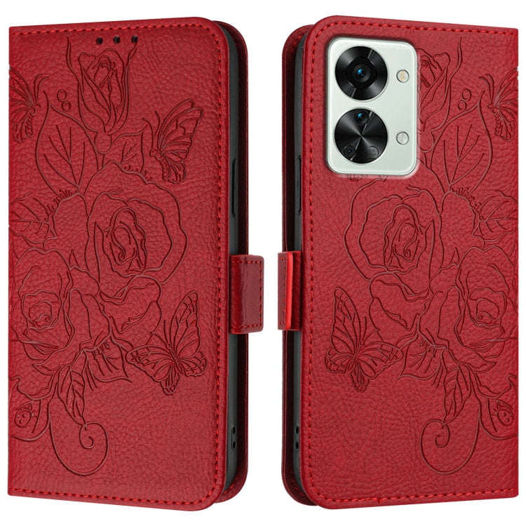 For OnePlus Nord 2T Embossed Rose RFID Anti-theft Leather Phone Case(Red)