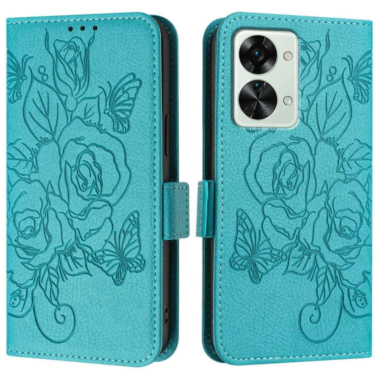 For OnePlus Nord 2T Embossed Rose RFID Anti-theft Leather Phone Case(Light Blue)