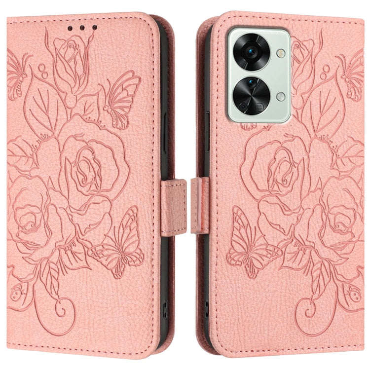 For OnePlus Nord 2T Embossed Rose RFID Anti-theft Leather Phone Case(Pink)