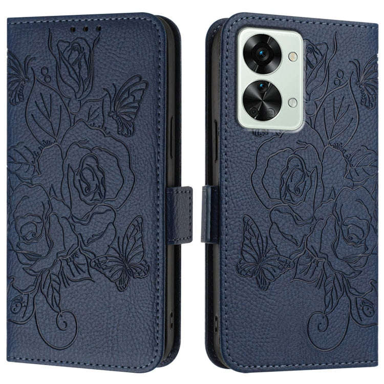For OnePlus Nord 2T Embossed Rose RFID Anti-theft Leather Phone Case(Dark Blue)