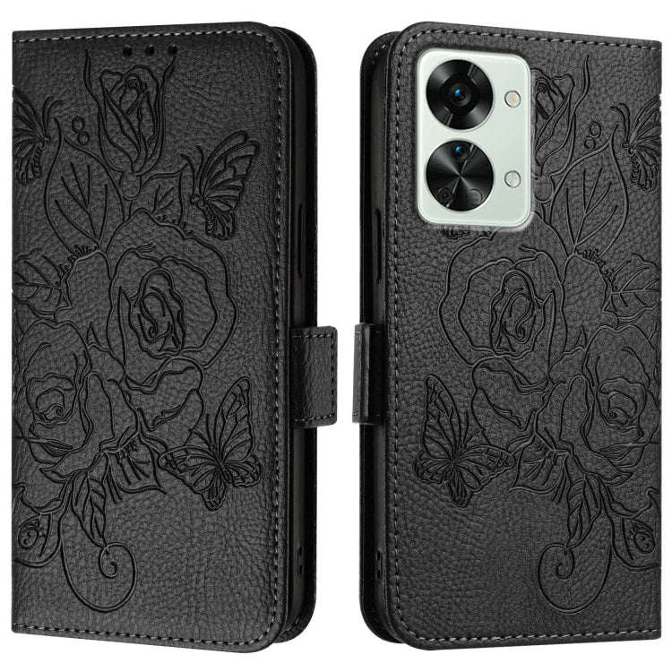 For OnePlus Nord 2T Embossed Rose RFID Anti-theft Leather Phone Case(Black)