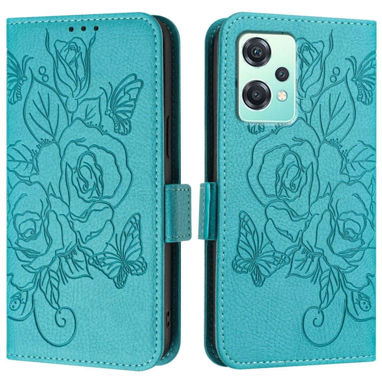 For OnePlus Nord CE 2 Lite 5G Embossed Rose RFID Anti-theft Leather Phone Case(Light Blue)