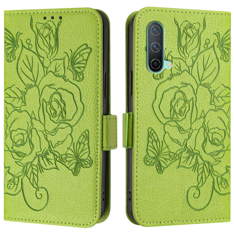 For OnePlus Nord CE 5G Embossed Rose RFID Anti-theft Leather Phone Case(Green)