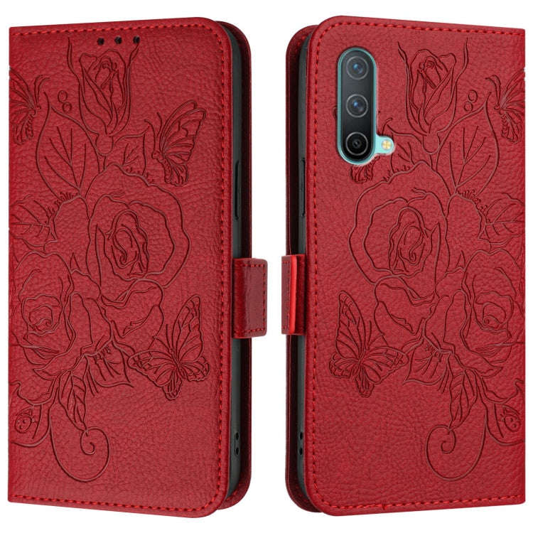 For OnePlus Nord CE 5G Embossed Rose RFID Anti-theft Leather Phone Case(Red)