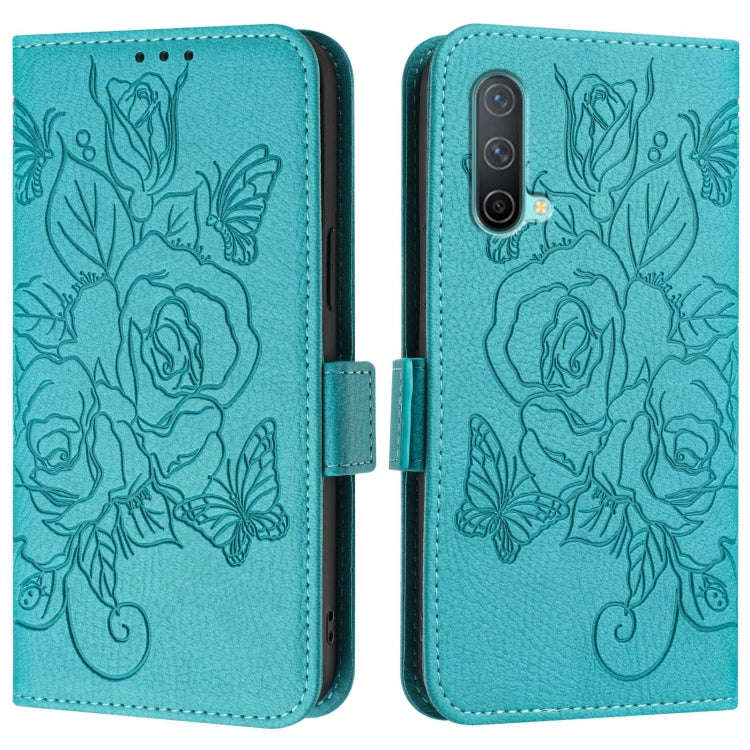 For OnePlus Nord CE 5G Embossed Rose RFID Anti-theft Leather Phone Case(Light Blue)