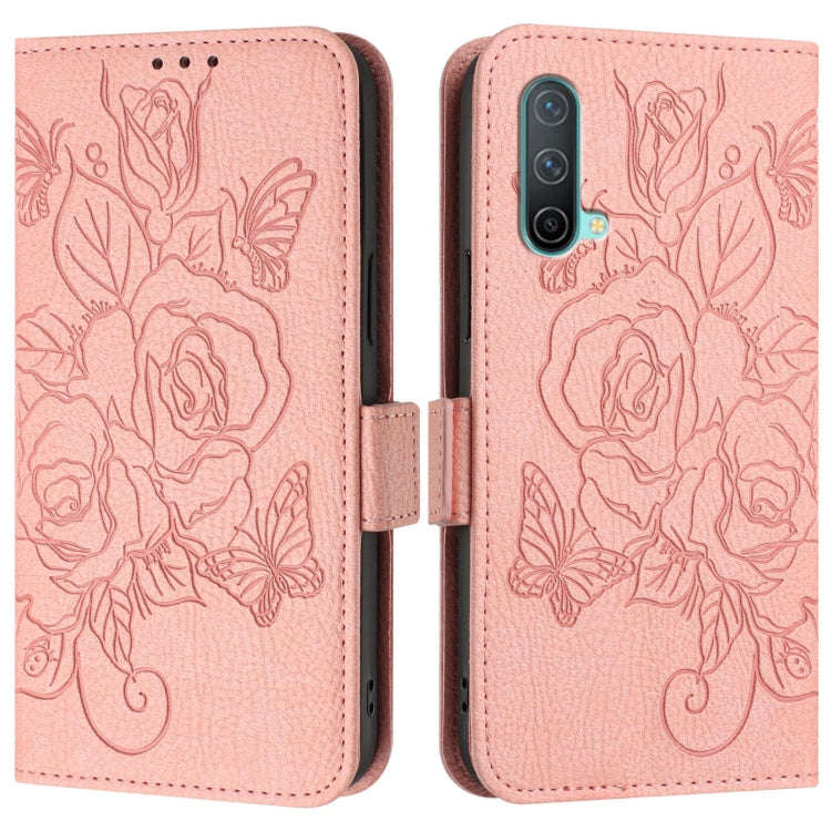For OnePlus Nord CE 5G Embossed Rose RFID Anti-theft Leather Phone Case(Pink)