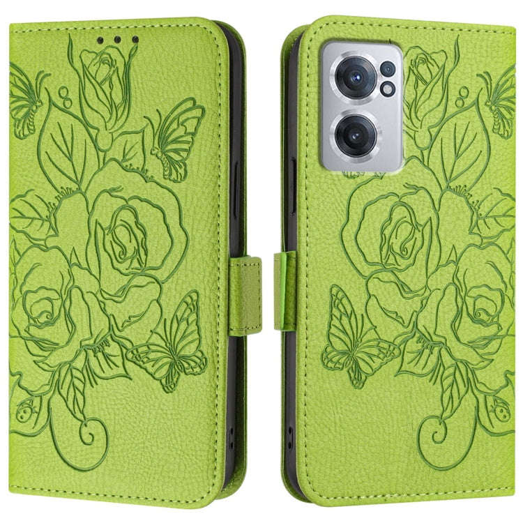 For OnePlus Nord CE 2 5G Embossed Rose RFID Anti-theft Leather Phone Case(Green)