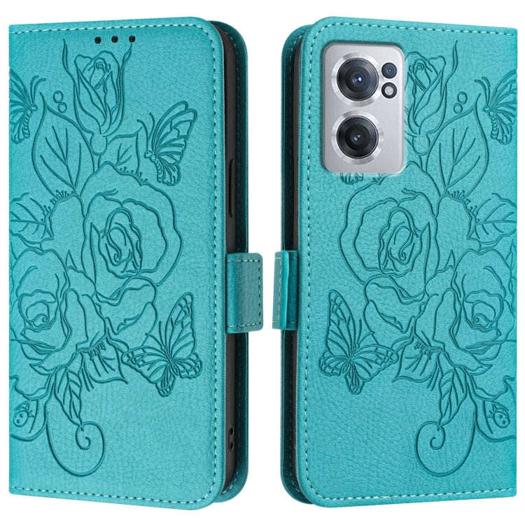 For OnePlus Nord CE 2 5G Embossed Rose RFID Anti-theft Leather Phone Case(Light Blue)