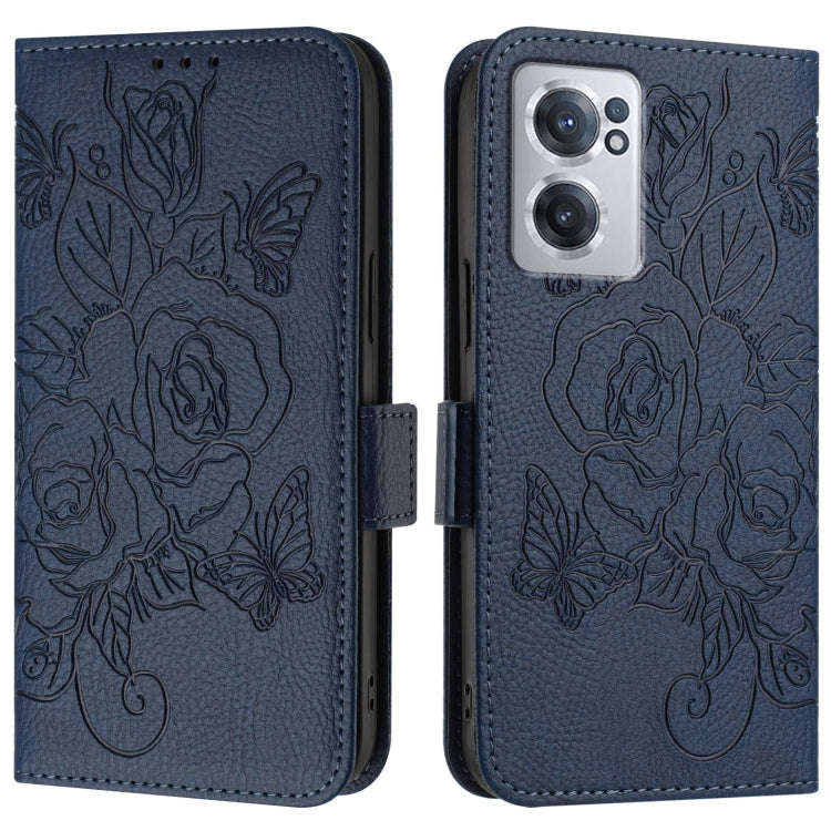 For OnePlus Nord CE 2 5G Embossed Rose RFID Anti-theft Leather Phone Case(Dark Blue)