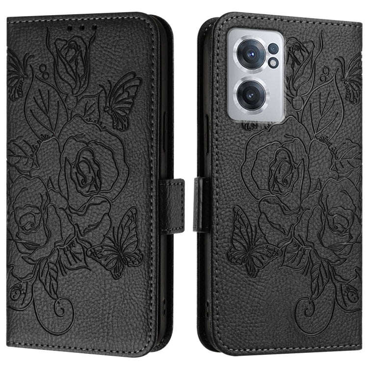 For OnePlus Nord CE 2 5G Embossed Rose RFID Anti-theft Leather Phone Case(Black)