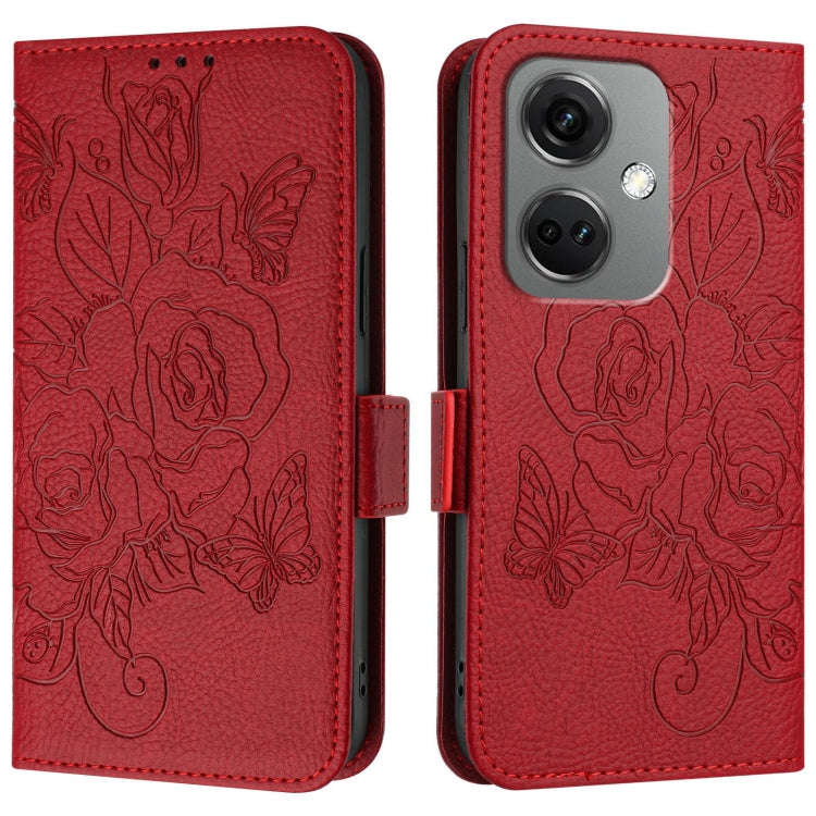 For OnePlus Nord CE3 5G Embossed Rose RFID Anti-theft Leather Phone Case(Red)