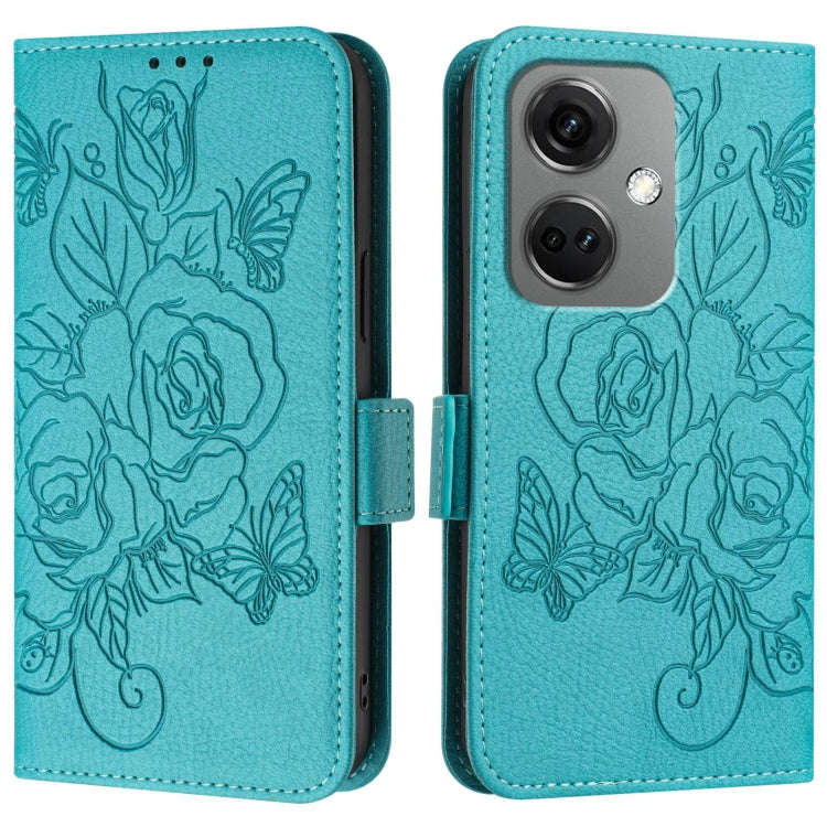 For OnePlus Nord CE3 5G Embossed Rose RFID Anti-theft Leather Phone Case(Light Blue)