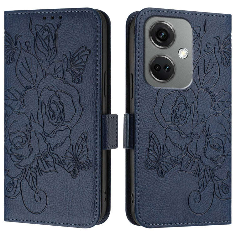 For OnePlus Nord CE3 5G Embossed Rose RFID Anti-theft Leather Phone Case(Dark Blue)