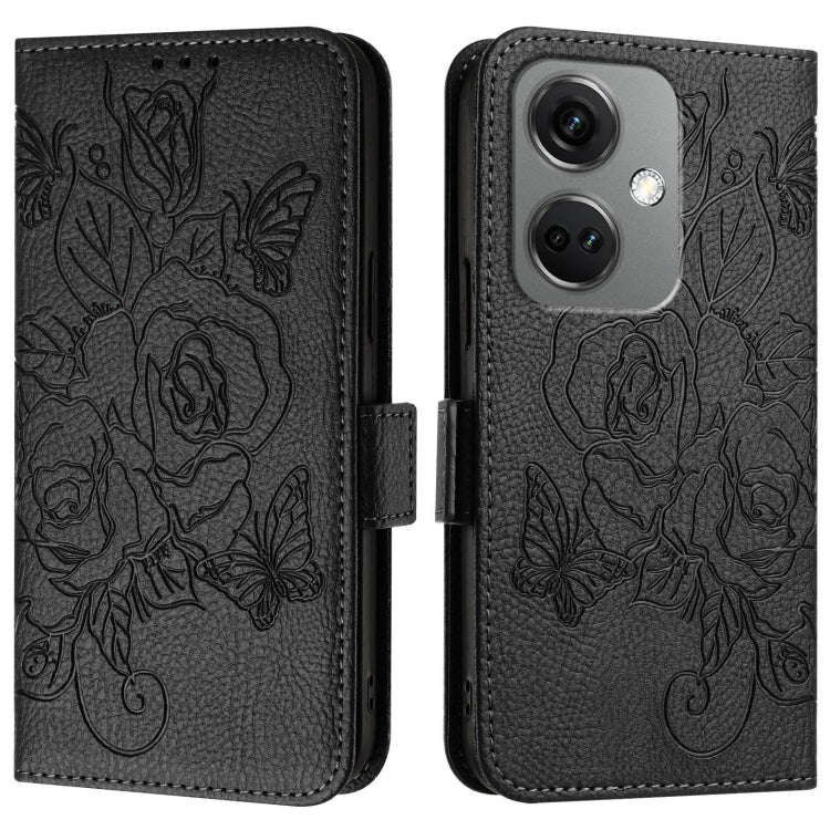 For OnePlus Nord CE3 5G Embossed Rose RFID Anti-theft Leather Phone Case(Black)