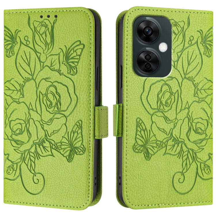 For OnePlus Nord CE3 Lite 5G / Nord N30 Embossed Rose RFID Anti-theft Leather Phone Case(Green)