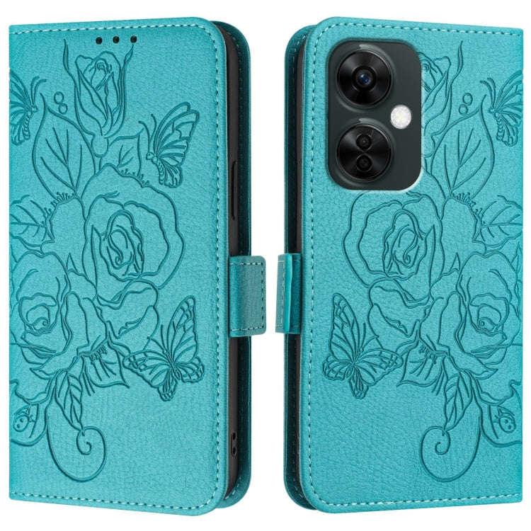 For OnePlus Nord CE3 Lite 5G / Nord N30 Embossed Rose RFID Anti-theft Leather Phone Case(Light Blue)