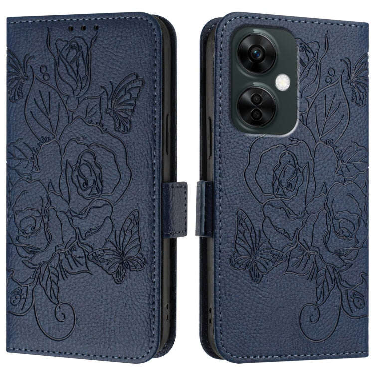 For OnePlus Nord CE3 Lite 5G / Nord N30 Embossed Rose RFID Anti-theft Leather Phone Case(Dark Blue)