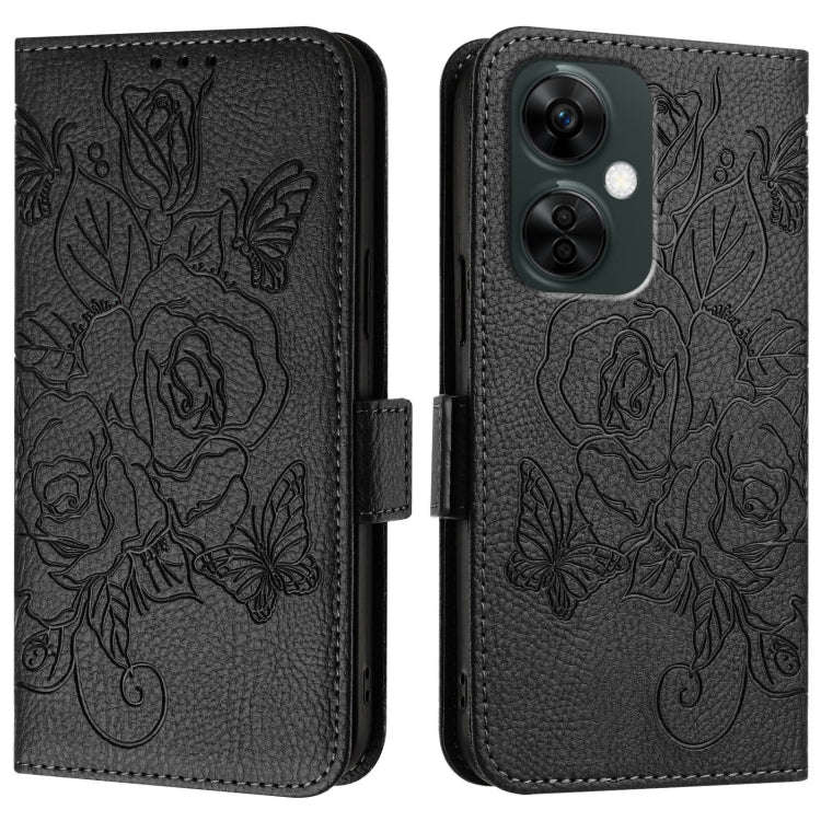 For OnePlus Nord CE3 Lite 5G / Nord N30 Embossed Rose RFID Anti-theft Leather Phone Case(Black)