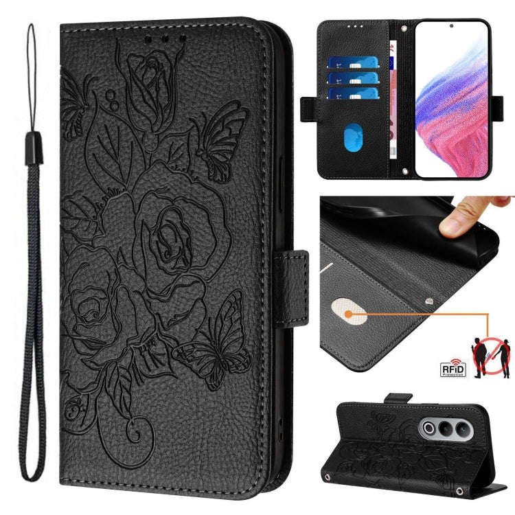 For OnePlus Nord CE4 5G Embossed Rose RFID Anti-theft Leather Phone Case(Black)