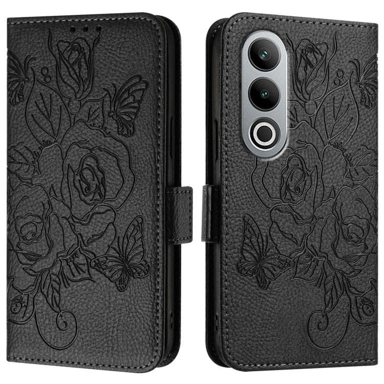 For OnePlus Nord CE4 5G Embossed Rose RFID Anti-theft Leather Phone Case(Black)