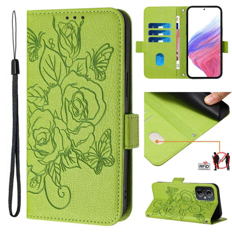 For OnePlus Nord N20 5G Embossed Rose RFID Anti-theft Leather Phone Case(Green)