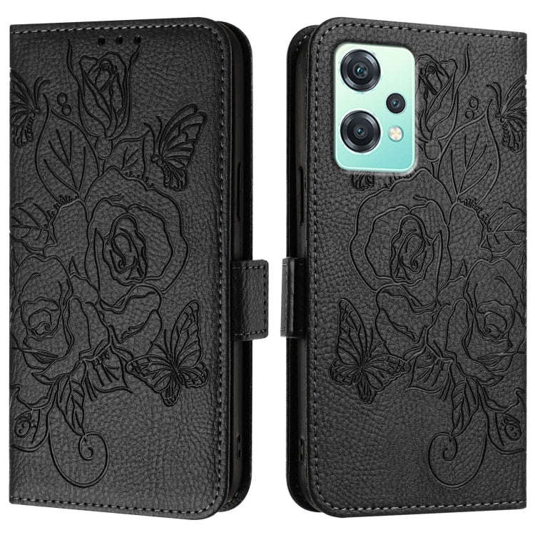 For OnePlus Nord 2 Lite Embossed Rose RFID Anti-theft Leather Phone Case(Black)