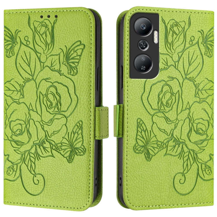 For Infinix Hot 20 4G Embossed Rose RFID Anti-theft Leather Phone Case(Green)