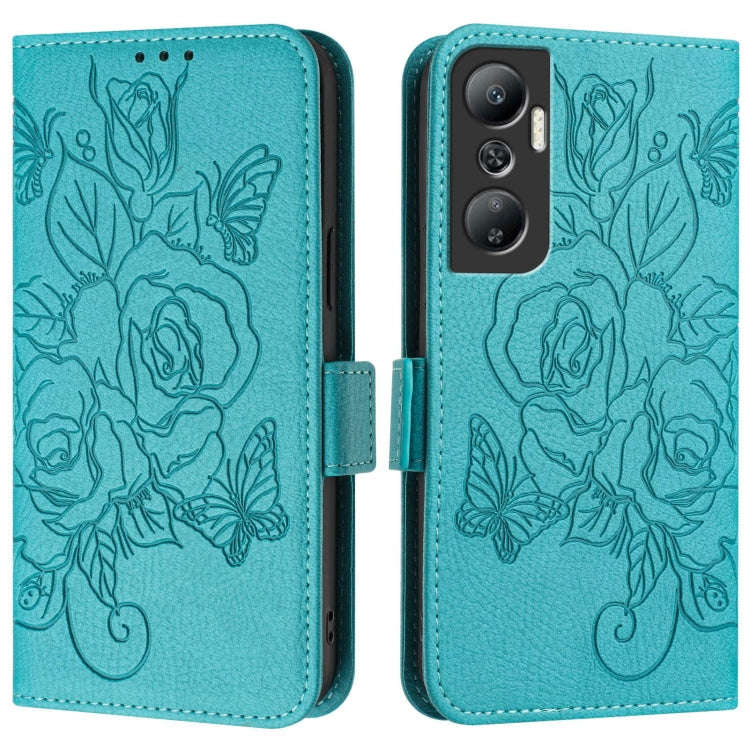 For Infinix Hot 20 4G Embossed Rose RFID Anti-theft Leather Phone Case(Light Blue)