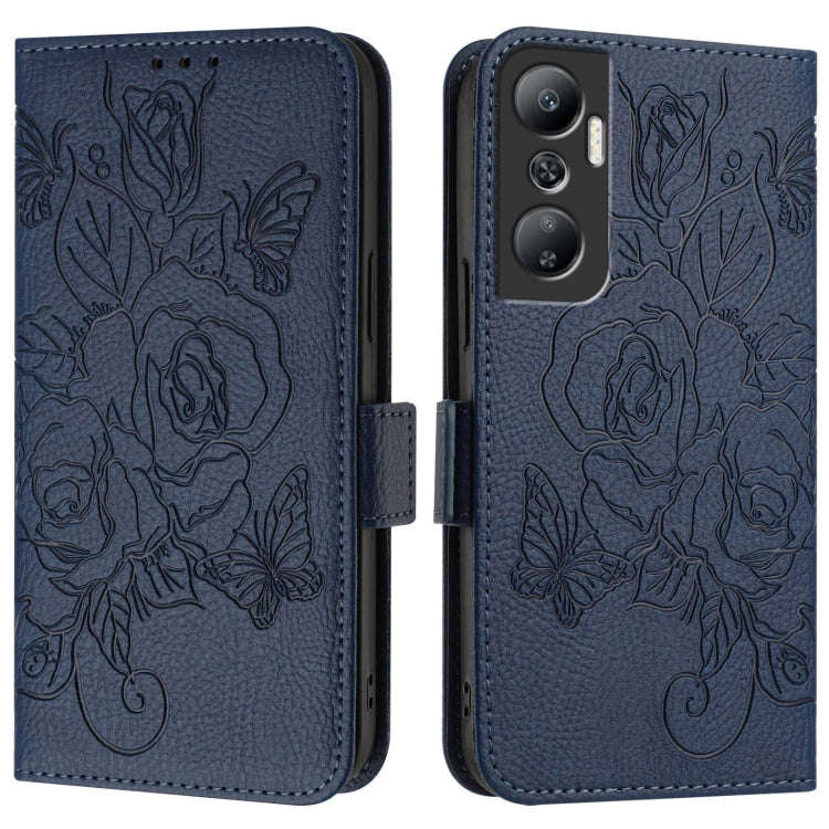 For Infinix Hot 20 4G Embossed Rose RFID Anti-theft Leather Phone Case(Dark Blue)