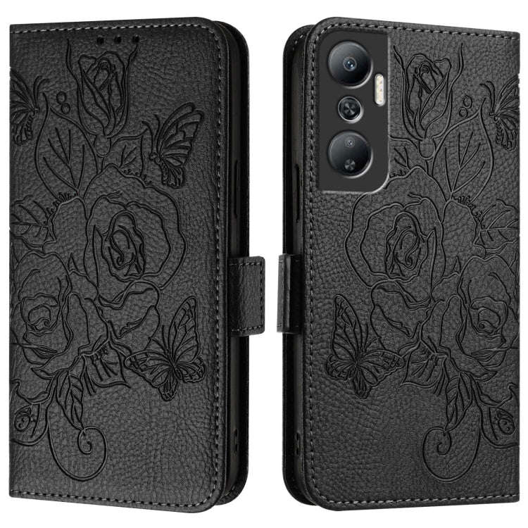 For Infinix Hot 20 4G Embossed Rose RFID Anti-theft Leather Phone Case(Black)