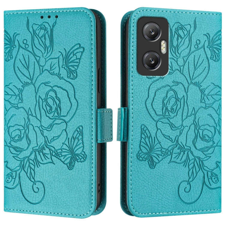 For Infinix Hot 20 5G Embossed Rose RFID Anti-theft Leather Phone Case(Light Blue)
