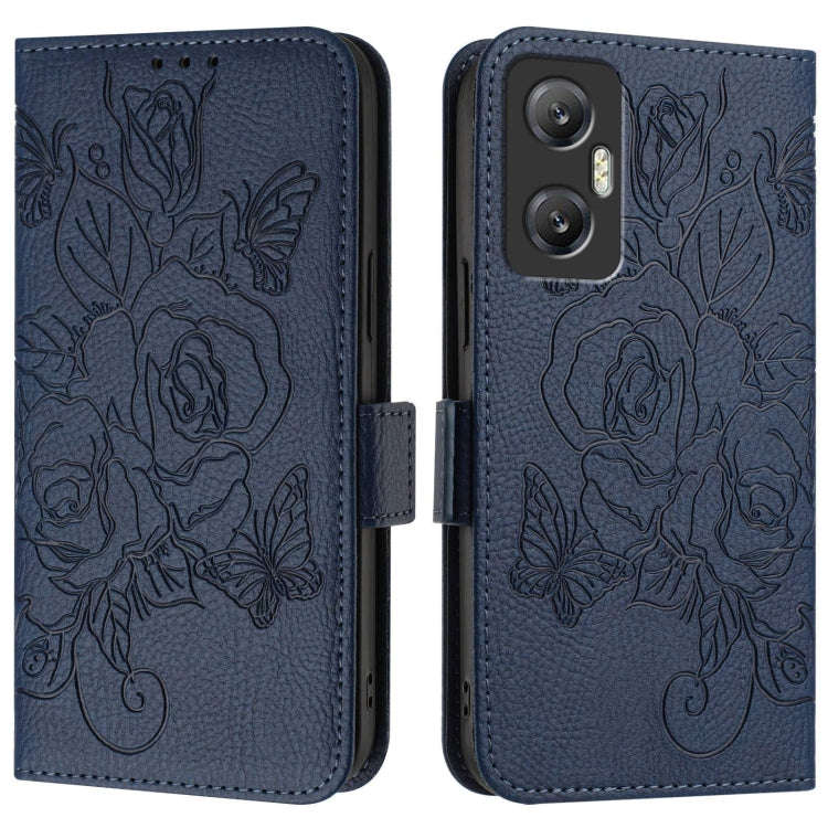 For Infinix Hot 20 5G Embossed Rose RFID Anti-theft Leather Phone Case(Dark Blue)