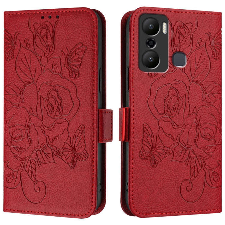 For Infinix Hot 20 Play Embossed Rose RFID Anti-theft Leather Phone Case(Red)