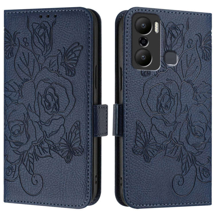 For Infinix Hot 20 Play Embossed Rose RFID Anti-theft Leather Phone Case(Dark Blue)