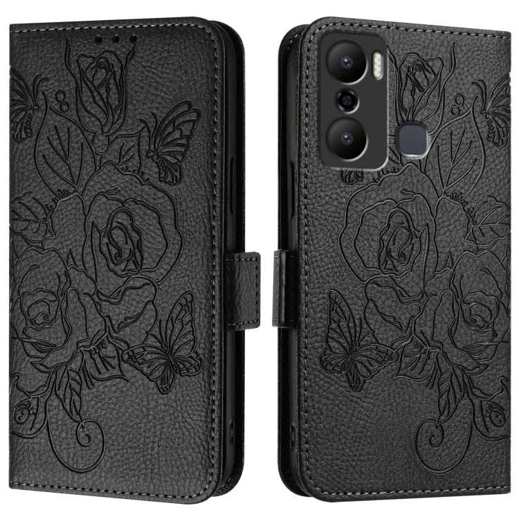 For Infinix Hot 20 Play Embossed Rose RFID Anti-theft Leather Phone Case(Black)