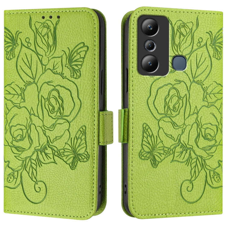 For Infinix Hot 20i Embossed Rose RFID Anti-theft Leather Phone Case(Green)